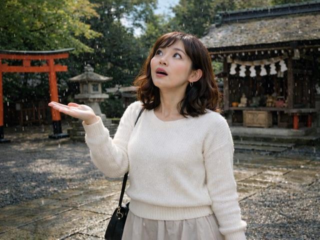 突然の雨に驚く女性の画像