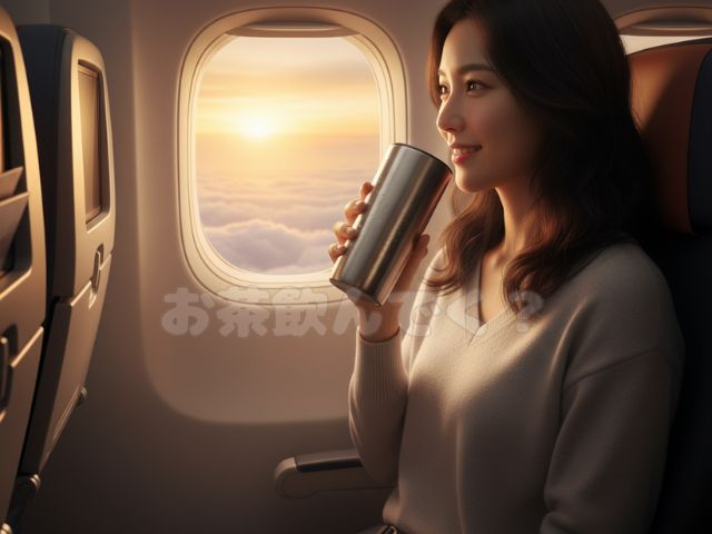 飛行機内でタンブラーで水を飲む女性の画像